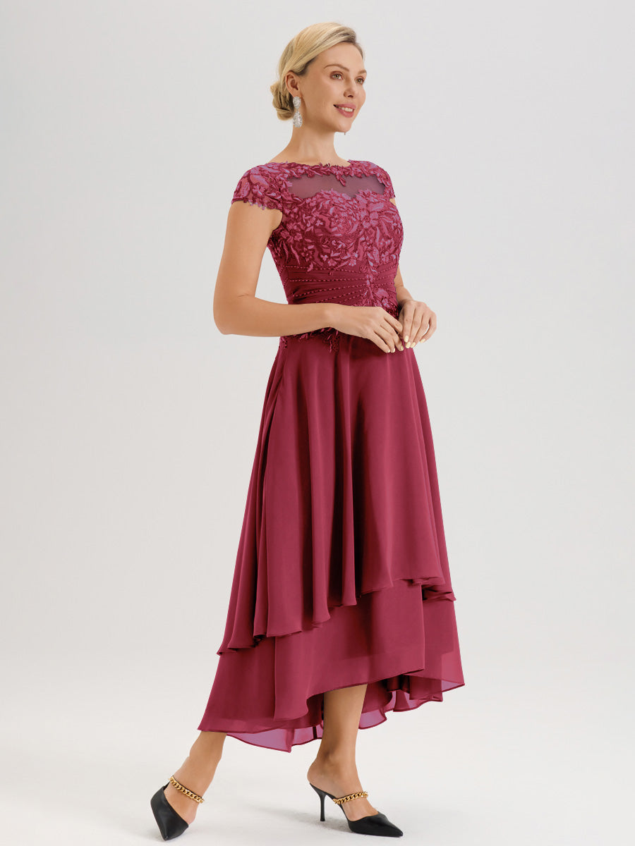 Cicinia Mère De La Mariée Rose Cannelle Col Ras Du Cou Avec Jupe À Ourlet Asymétrique En Chiffon Et Dentelle Longueur Cheville