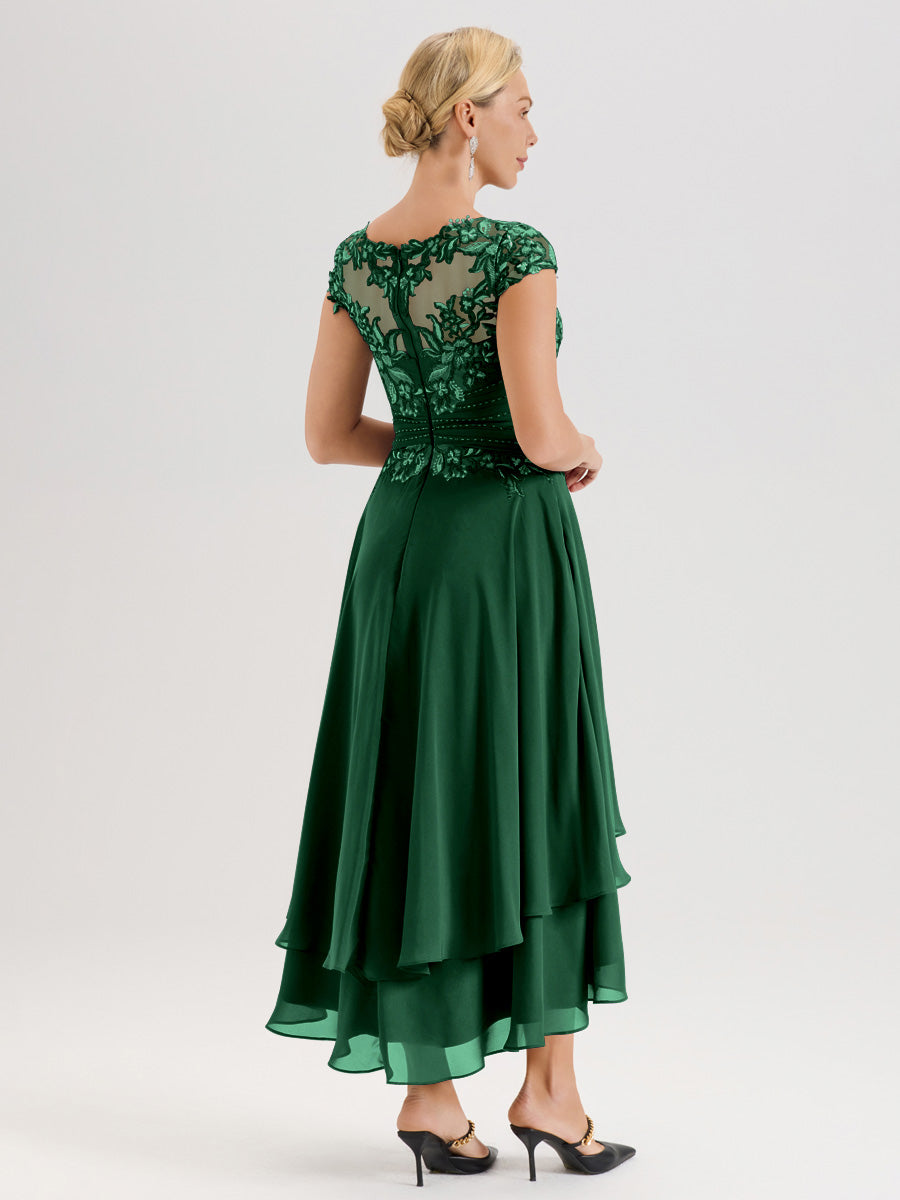 Cicinia Mère De La Mariée Vert Foncé Col Ras Du Cou Avec Jupe À Ourlet Asymétrique En Chiffon Et Dentelle Longueur Cheville