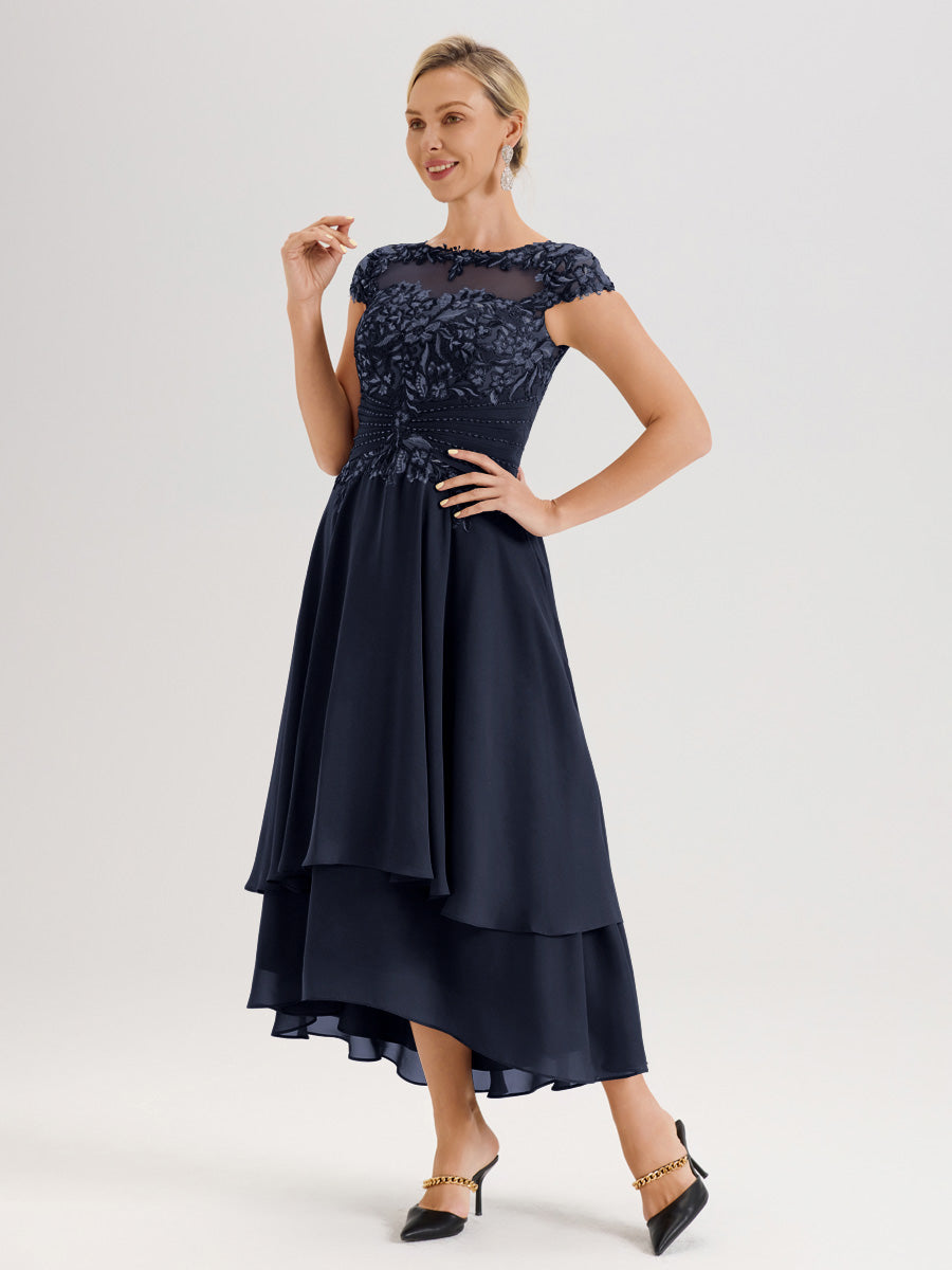 Cicinia Mère De La Mariée Bleu Marine Col Ras Du Cou Avec Jupe À Ourlet Asymétrique En Chiffon Et Dentelle Longueur Cheville