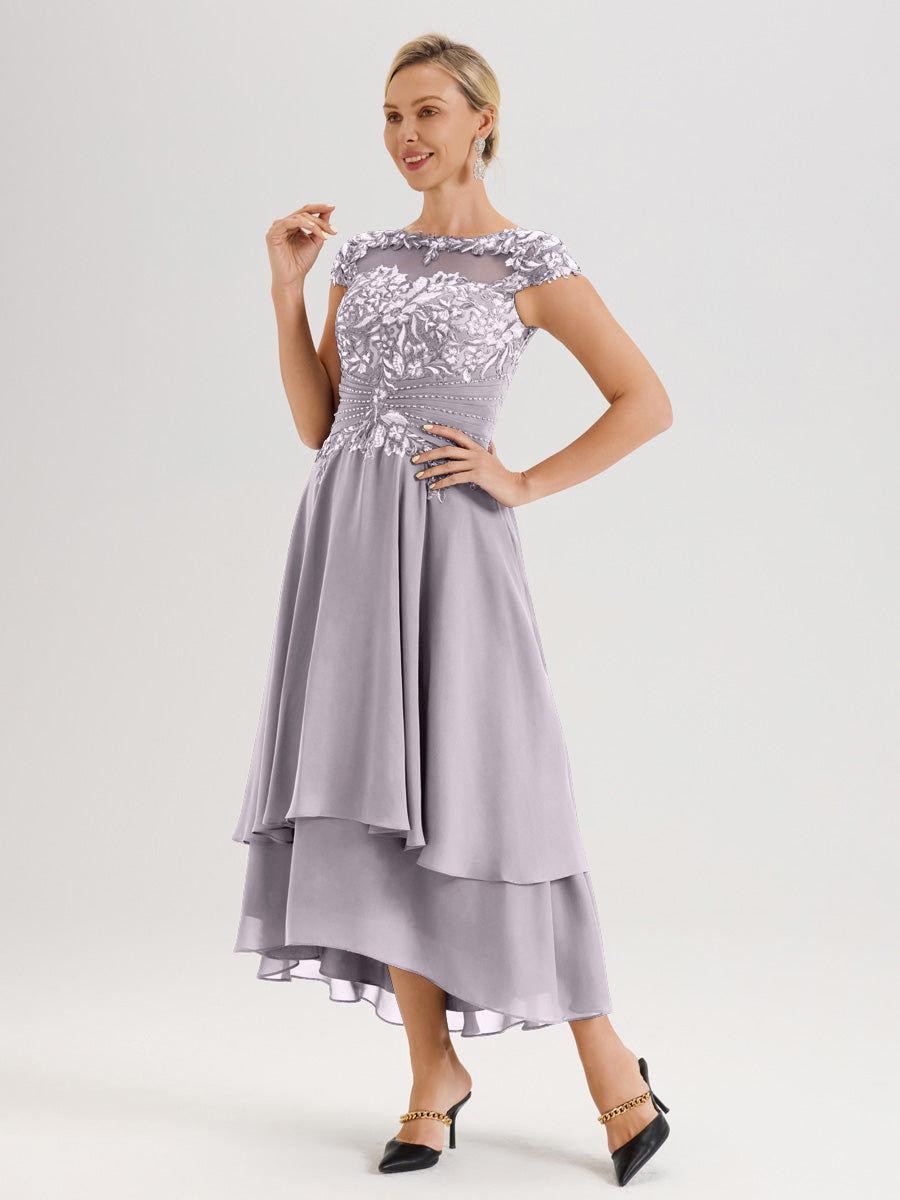 Cicinia Mère De La Mariée Crépuscule Col Ras Du Cou Avec Jupe À Ourlet Asymétrique En Chiffon Et Dentelle Longueur Cheville