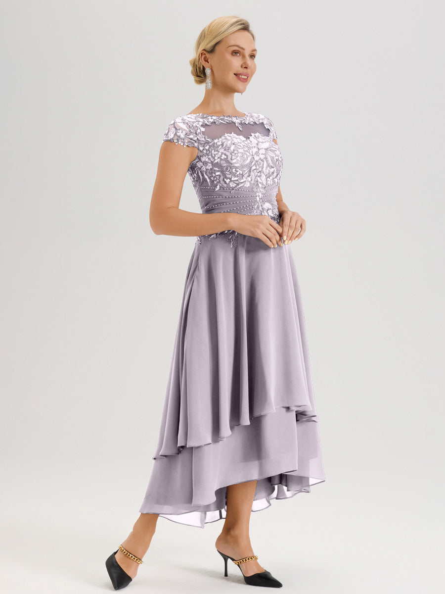 Cicinia Mère De La Mariée Crépuscule Col Ras Du Cou Avec Jupe À Ourlet Asymétrique En Chiffon Et Dentelle Longueur Cheville