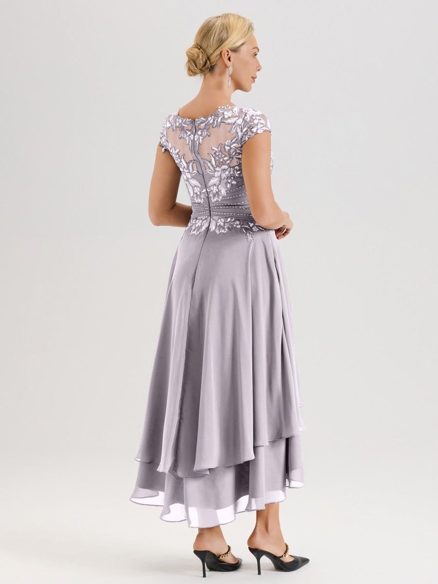 Cicinia Mère De La Mariée Crépuscule Col Ras Du Cou Avec Jupe À Ourlet Asymétrique En Chiffon Et Dentelle Longueur Cheville