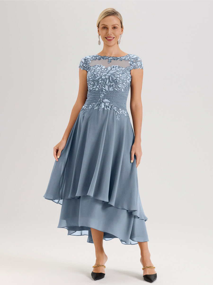Cicinia Mère De La Mariée Bleu Poudré Col Ras Du Cou Avec Jupe À Ourlet Asymétrique En Chiffon Et Dentelle Longueur Cheville