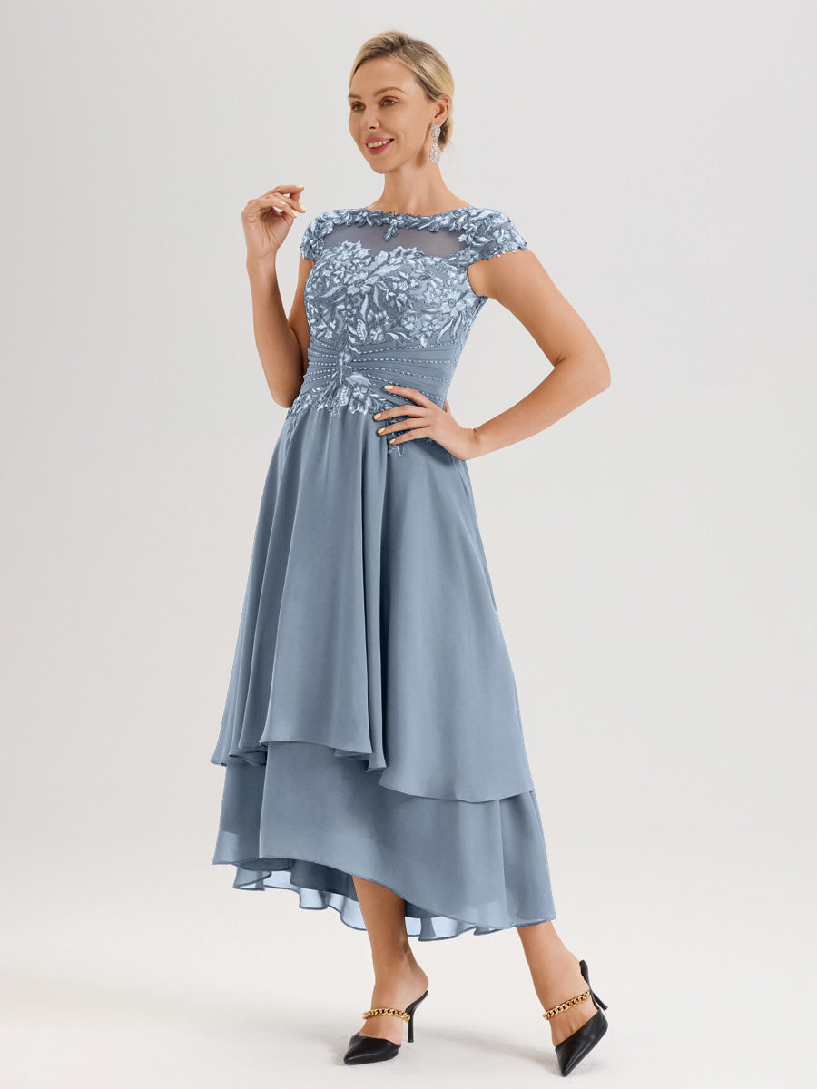 Cicinia Mère De La Mariée Bleu Poudré Col Ras Du Cou Avec Jupe À Ourlet Asymétrique En Chiffon Et Dentelle Longueur Cheville