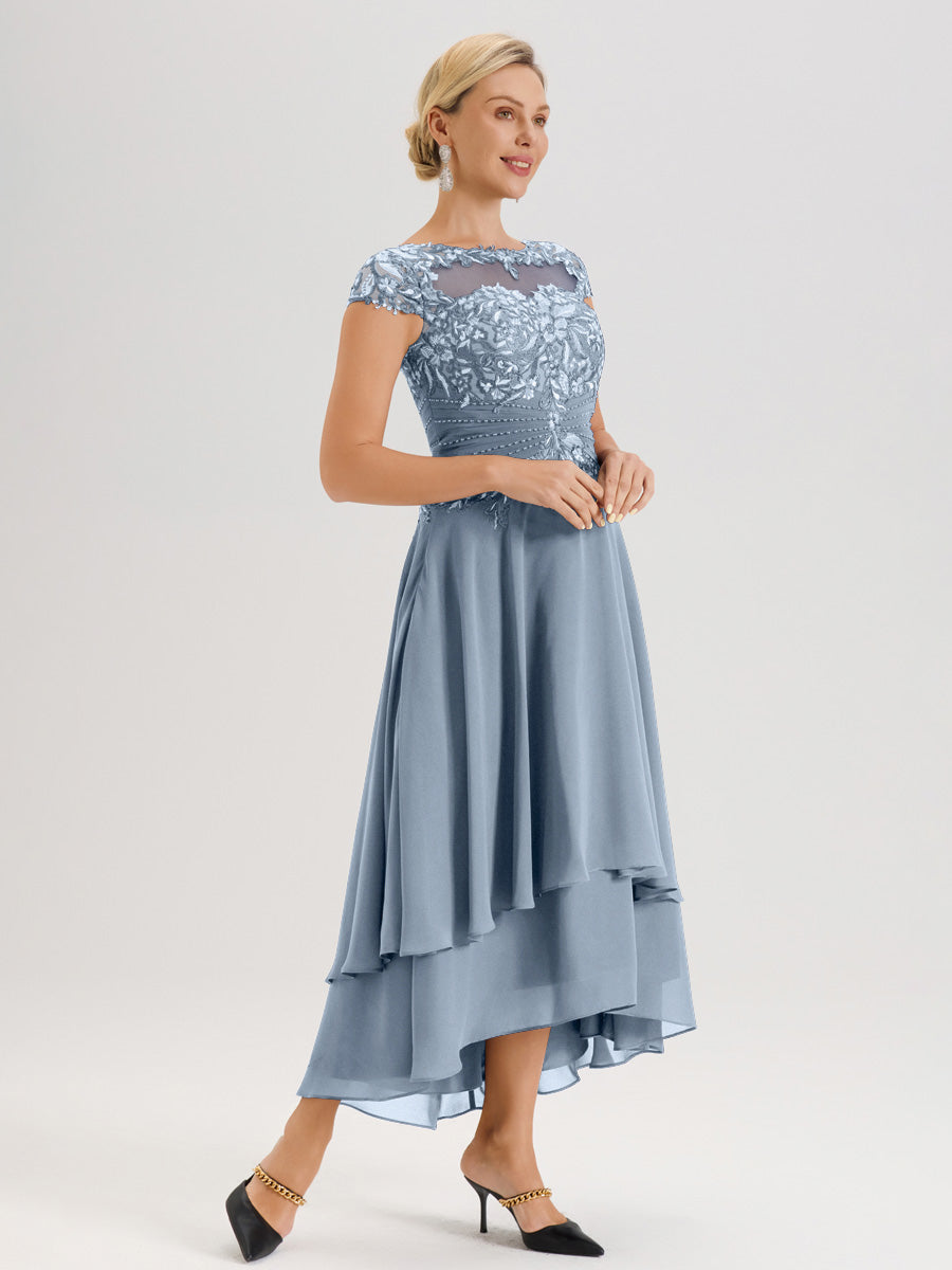 Cicinia Mère De La Mariée Bleu Poudré Col Ras Du Cou Avec Jupe À Ourlet Asymétrique En Chiffon Et Dentelle Longueur Cheville