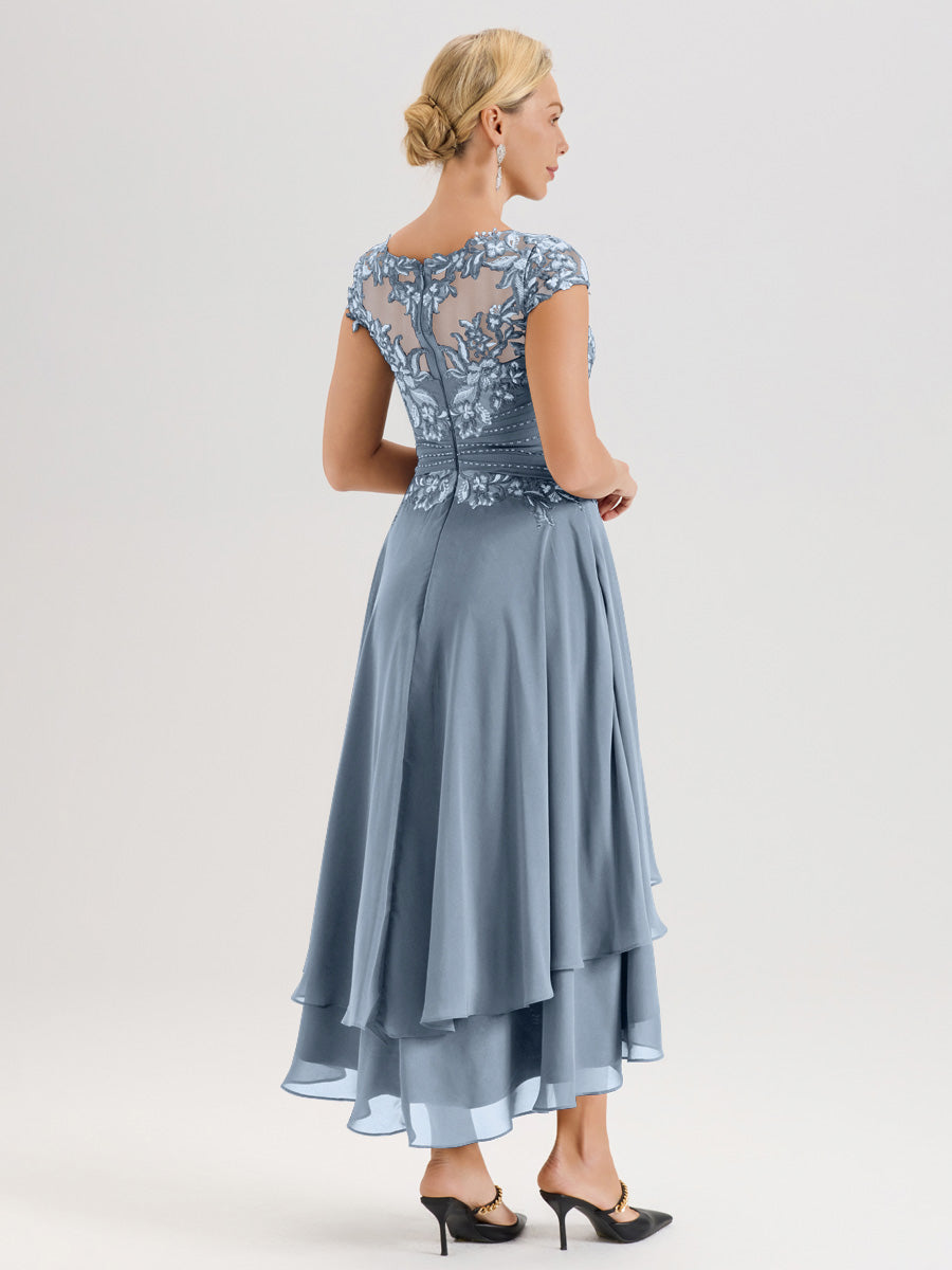 Cicinia Mère De La Mariée Bleu Poudré Col Ras Du Cou Avec Jupe À Ourlet Asymétrique En Chiffon Et Dentelle Longueur Cheville