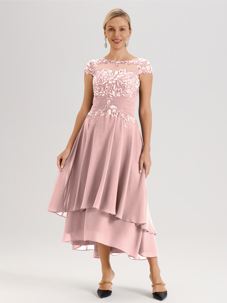 Cicinia Mère De La Mariée Rose Poudrée Col Ras Du Cou Avec Jupe À Ourlet Asymétrique En Chiffon Et Dentelle Longueur Cheville