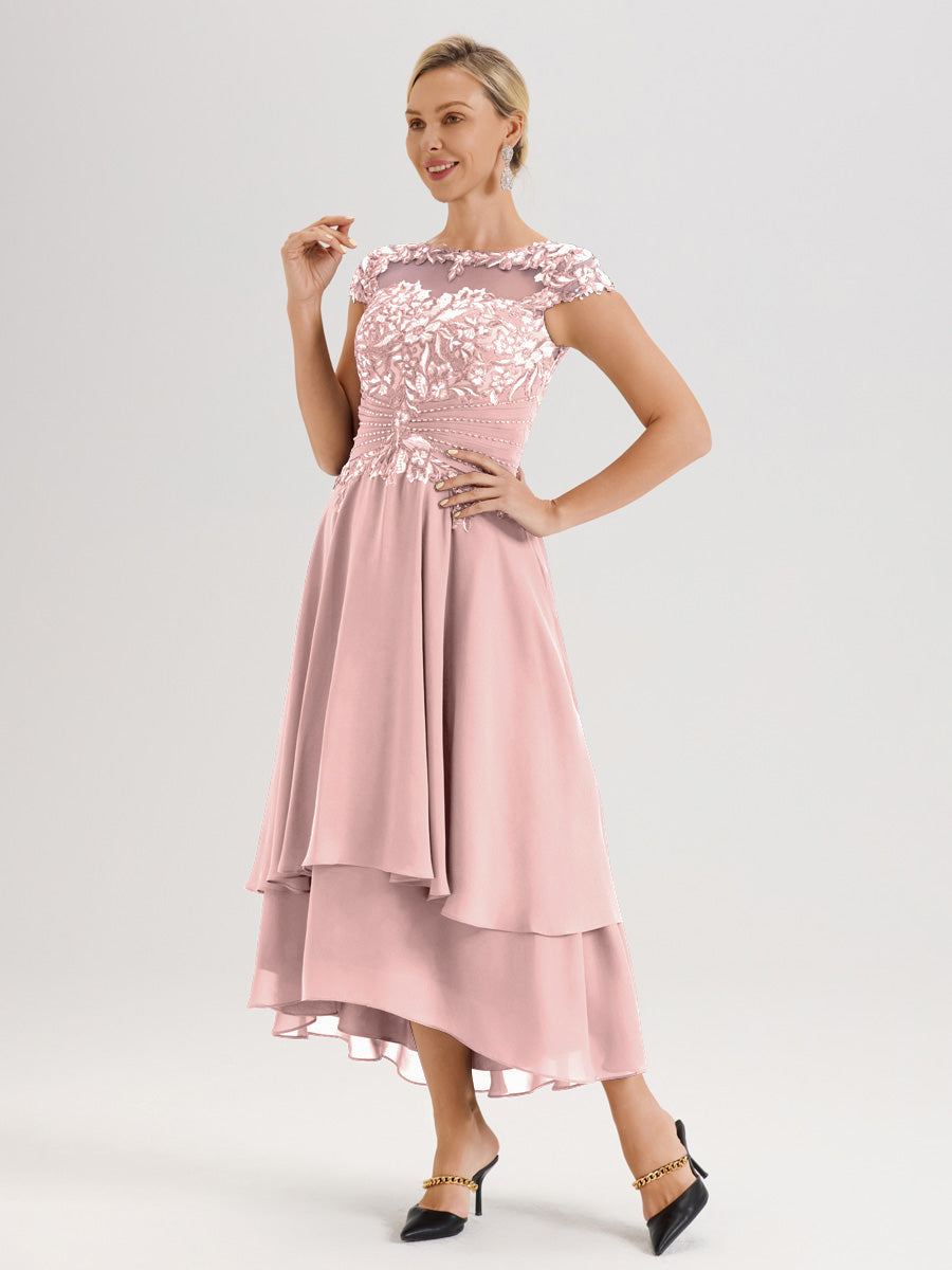 Cicinia Mère De La Mariée Rose Poudrée Col Ras Du Cou Avec Jupe À Ourlet Asymétrique En Chiffon Et Dentelle Longueur Cheville