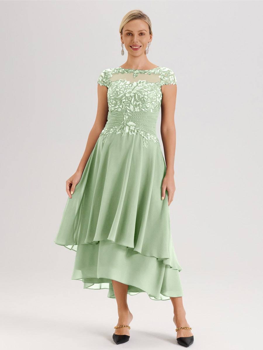 Cicinia Mère De La Mariée Vert Sauge Poussiéreux Col Ras Du Cou Avec Jupe À Ourlet Asymétrique En Chiffon Et Dentelle Longueur Cheville