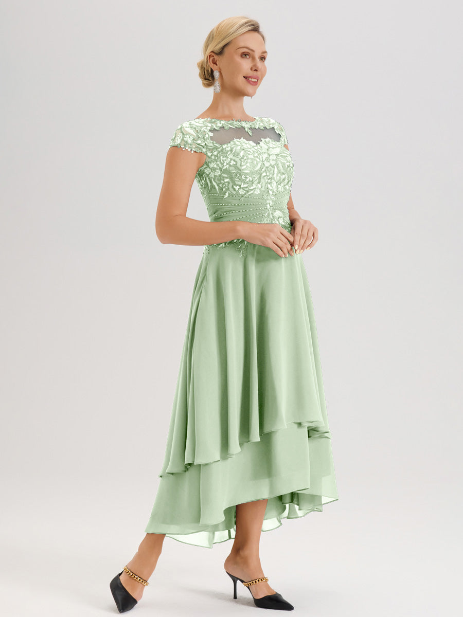 Cicinia Mère De La Mariée Vert Sauge Poussiéreux Col Ras Du Cou Avec Jupe À Ourlet Asymétrique En Chiffon Et Dentelle Longueur Cheville