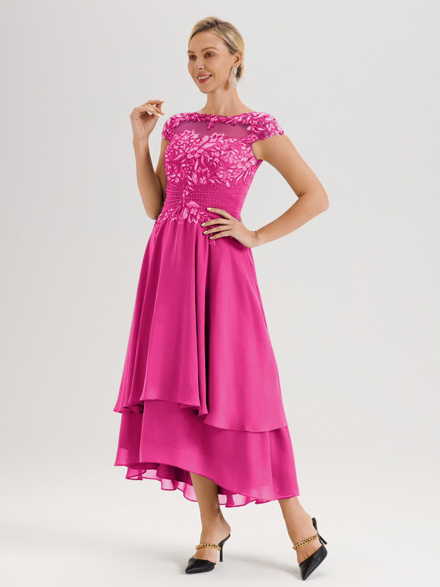 Cicinia Mère De La Mariée Rose Fuchsia Col Ras Du Cou Avec Jupe À Ourlet Asymétrique En Chiffon Et Dentelle Longueur Cheville