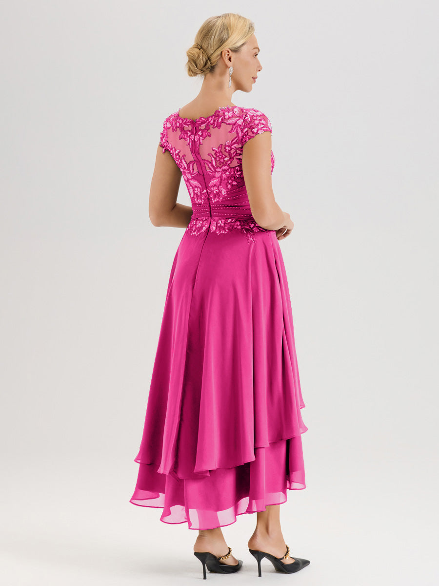 Cicinia Mère De La Mariée Rose Fuchsia Col Ras Du Cou Avec Jupe À Ourlet Asymétrique En Chiffon Et Dentelle Longueur Cheville