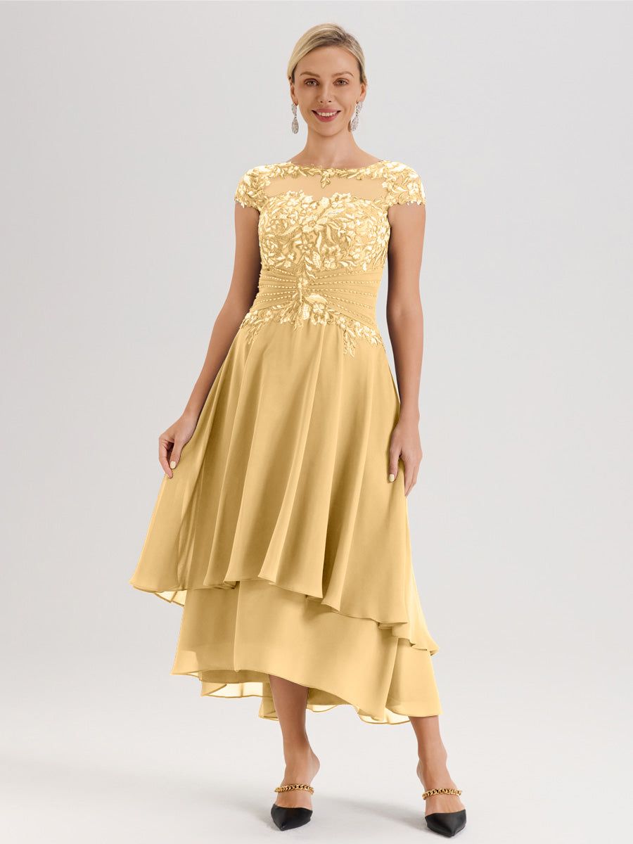 Cicinia Mère De La Mariée En Or Col Ras Du Cou Avec Jupe À Ourlet Asymétrique En Chiffon Et Dentelle Longueur Cheville