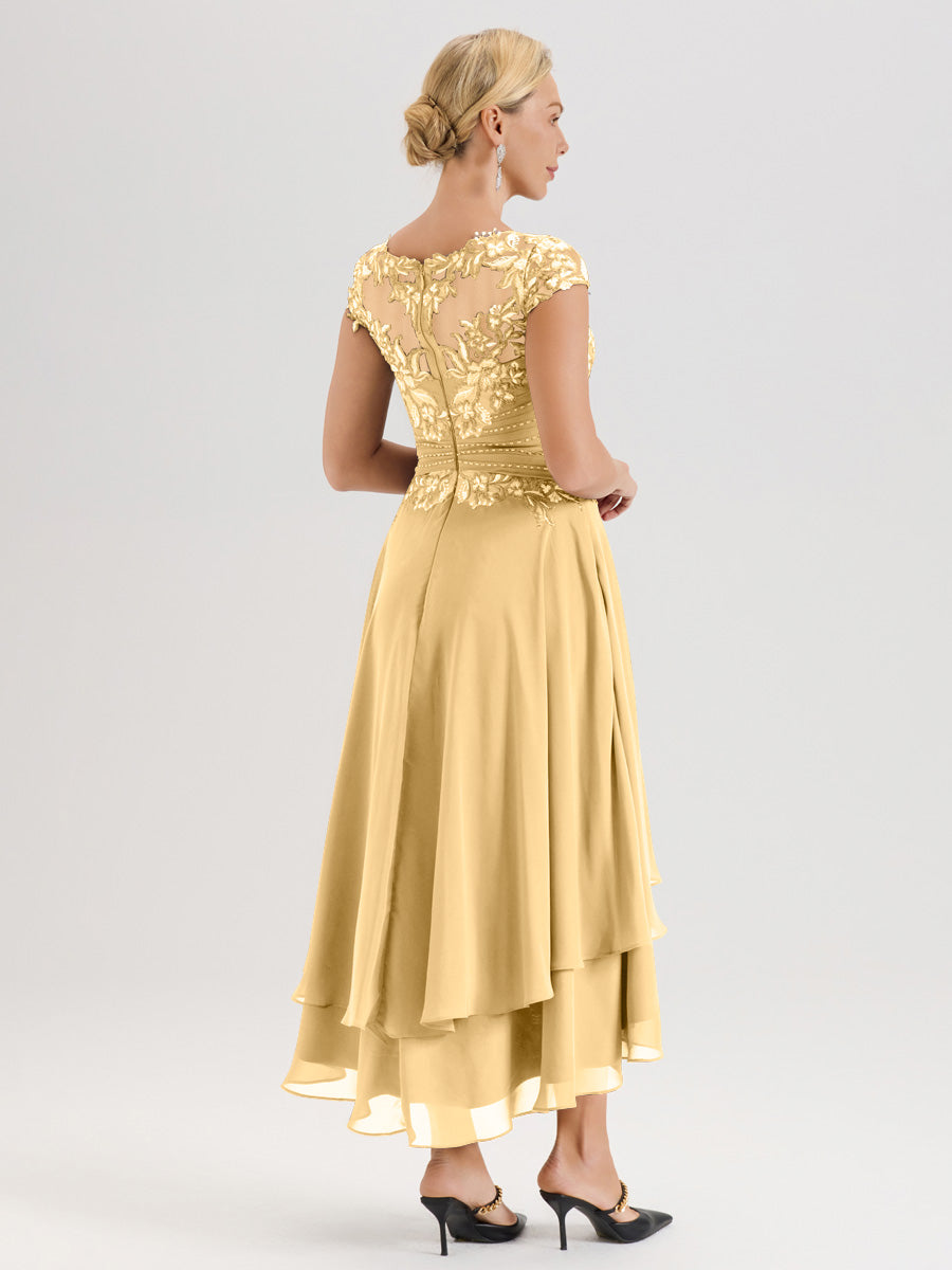 Cicinia Mère De La Mariée En Or Col Ras Du Cou Avec Jupe À Ourlet Asymétrique En Chiffon Et Dentelle Longueur Cheville