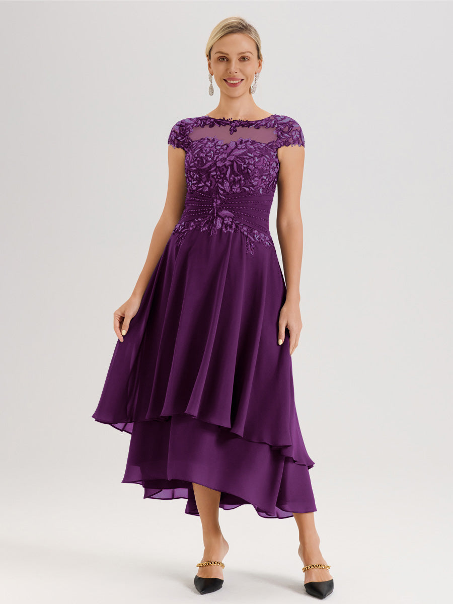 Cicinia Mère De La Mariée En Raisin Col Ras Du Cou Avec Jupe À Ourlet Asymétrique En Chiffon Et Dentelle Longueur Cheville