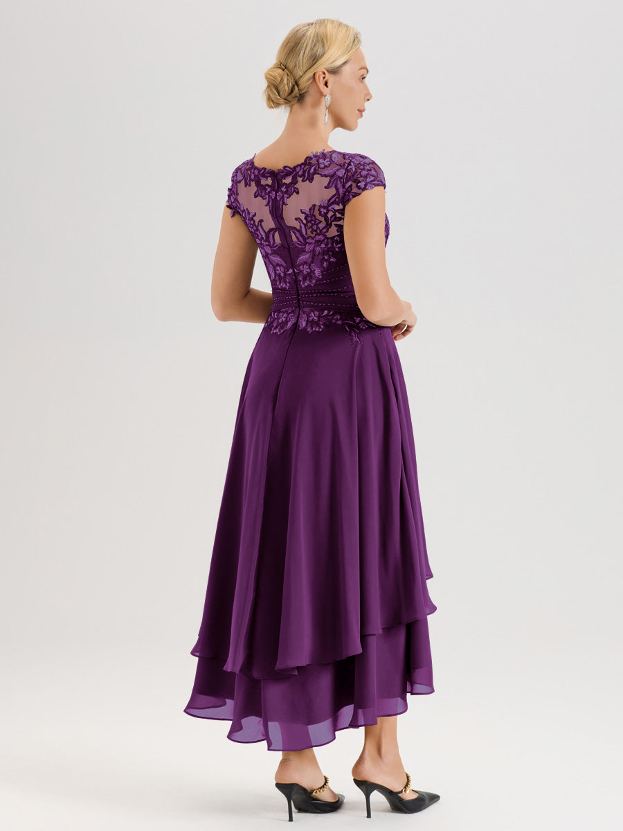 Cicinia Mère De La Mariée En Raisin Col Ras Du Cou Avec Jupe À Ourlet Asymétrique En Chiffon Et Dentelle Longueur Cheville