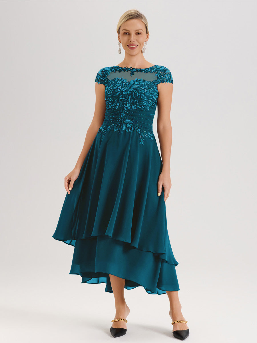 Cicinia Mère De La Mariée Bleu Encre Col Ras Du Cou Avec Jupe À Ourlet Asymétrique En Chiffon Et Dentelle Longueur Cheville