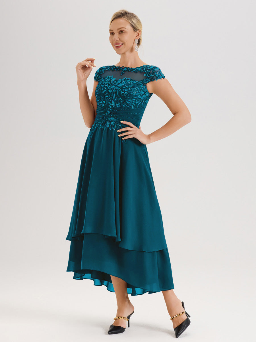 Cicinia Mère De La Mariée Bleu Encre Col Ras Du Cou Avec Jupe À Ourlet Asymétrique En Chiffon Et Dentelle Longueur Cheville