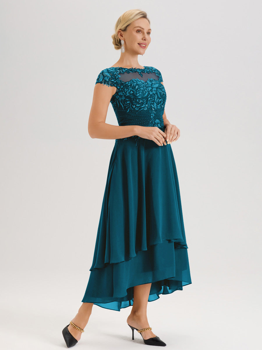 Cicinia Mère De La Mariée Bleu Encre Col Ras Du Cou Avec Jupe À Ourlet Asymétrique En Chiffon Et Dentelle Longueur Cheville
