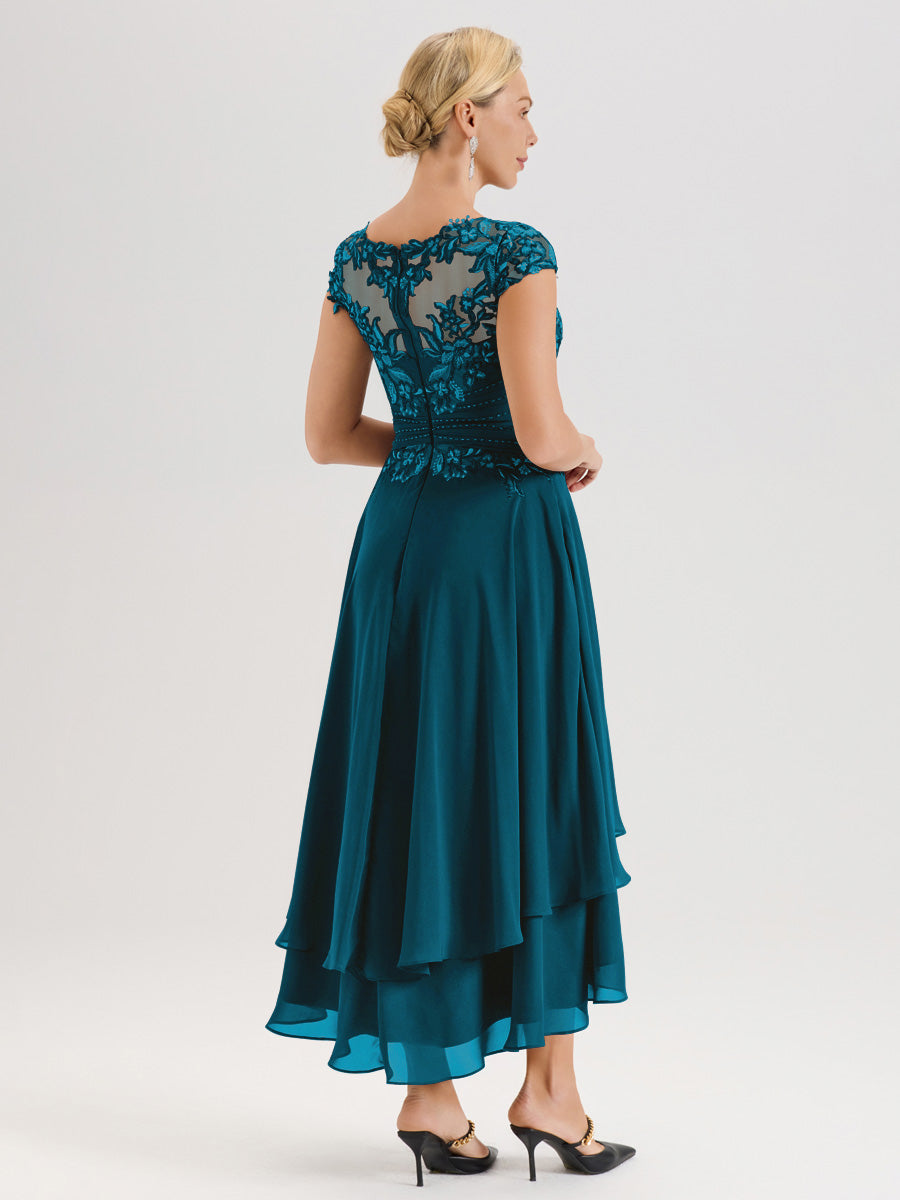 Cicinia Mère De La Mariée Bleu Encre Col Ras Du Cou Avec Jupe À Ourlet Asymétrique En Chiffon Et Dentelle Longueur Cheville