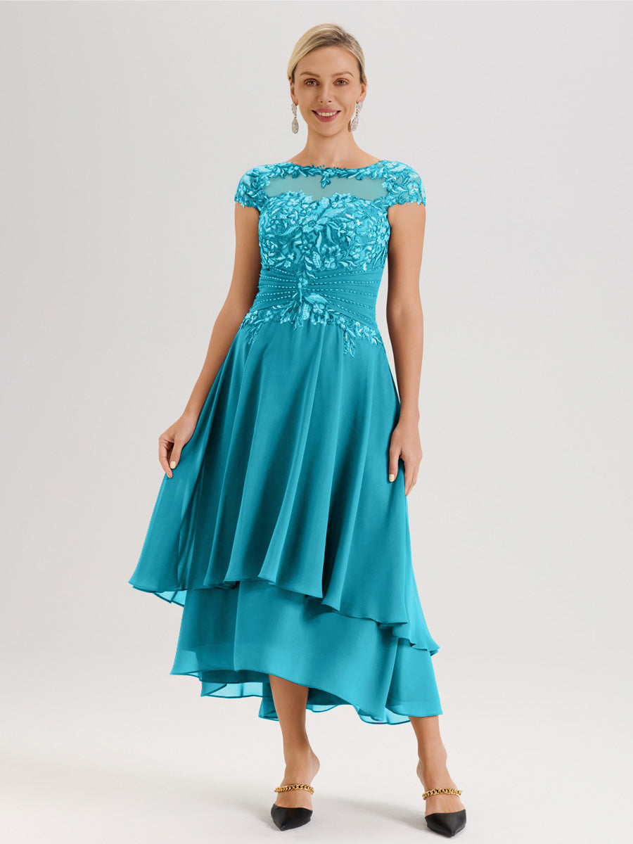 Cicinia Mère De La Mariée Jade Col Ras Du Cou Avec Jupe À Ourlet Asymétrique En Chiffon Et Dentelle Longueur Cheville