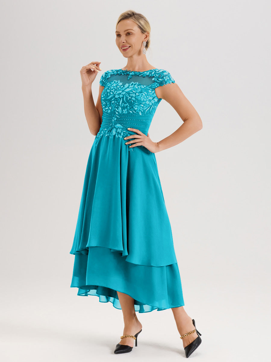 Cicinia Mère De La Mariée Jade Col Ras Du Cou Avec Jupe À Ourlet Asymétrique En Chiffon Et Dentelle Longueur Cheville