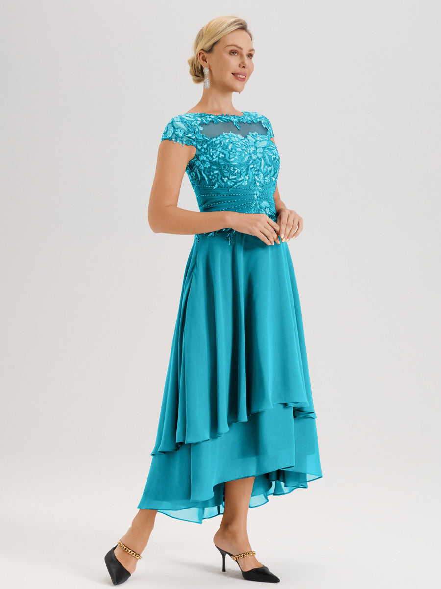 Cicinia Mère De La Mariée Jade Col Ras Du Cou Avec Jupe À Ourlet Asymétrique En Chiffon Et Dentelle Longueur Cheville