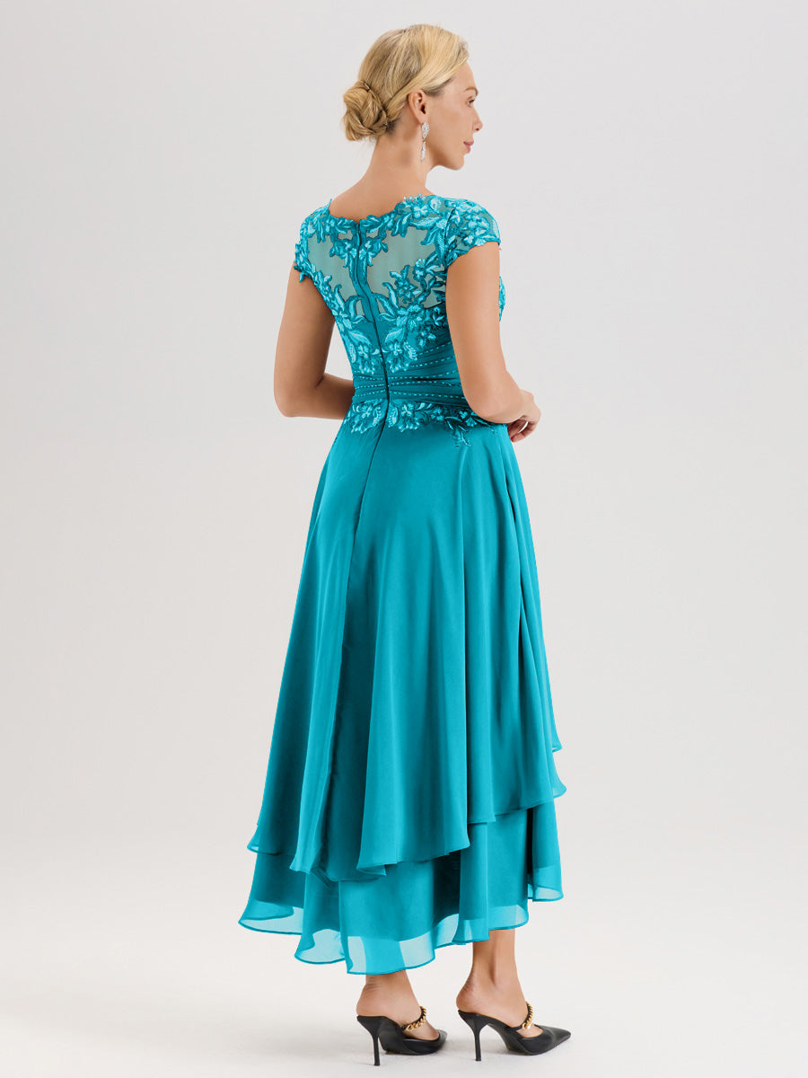 Cicinia Mère De La Mariée Jade Col Ras Du Cou Avec Jupe À Ourlet Asymétrique En Chiffon Et Dentelle Longueur Cheville