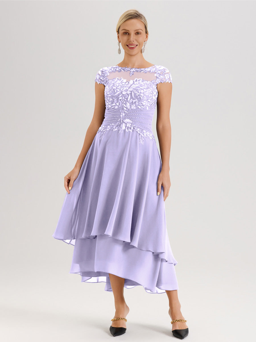 Cicinia Mère De La Mariée Lilas Col Ras Du Cou Avec Jupe À Ourlet Asymétrique En Chiffon Et Dentelle Longueur Cheville