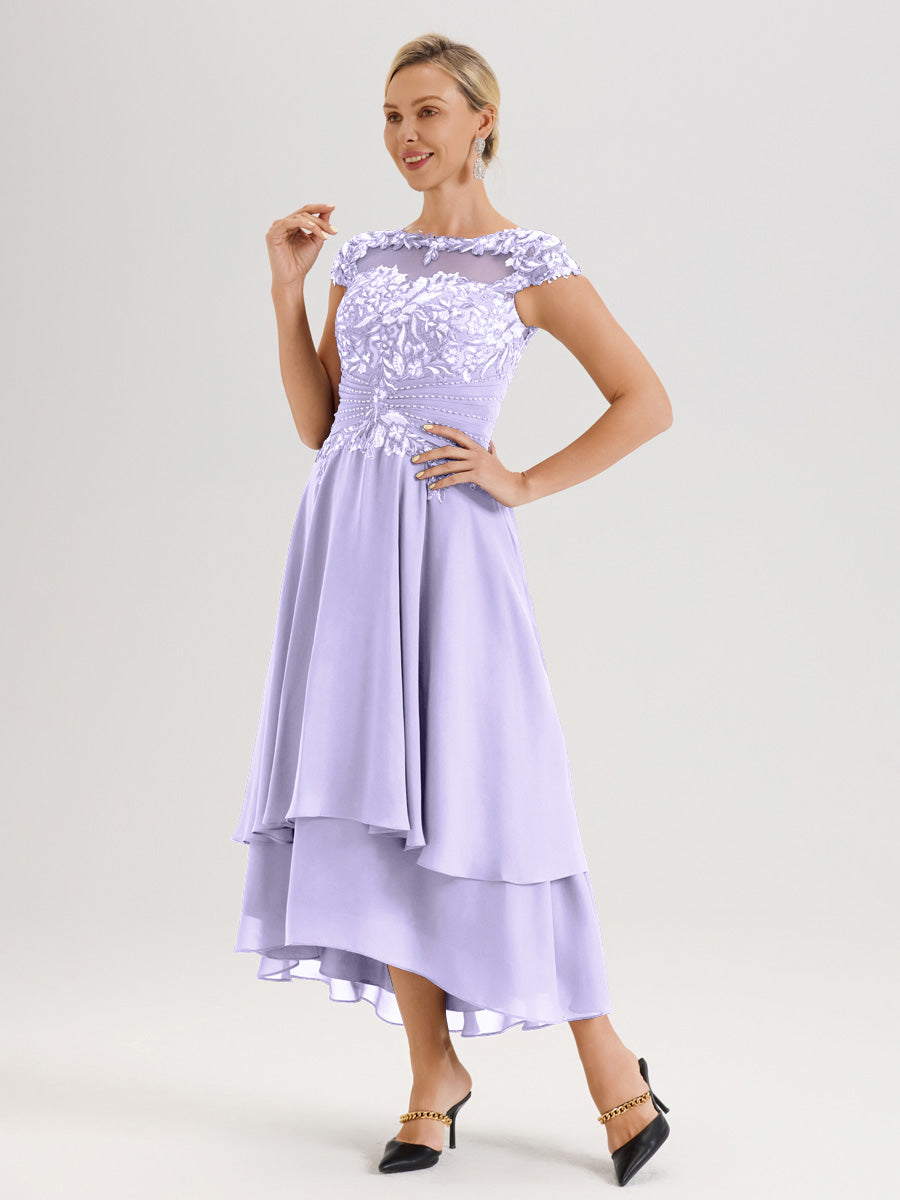 Cicinia Mère De La Mariée Lilas Col Ras Du Cou Avec Jupe À Ourlet Asymétrique En Chiffon Et Dentelle Longueur Cheville