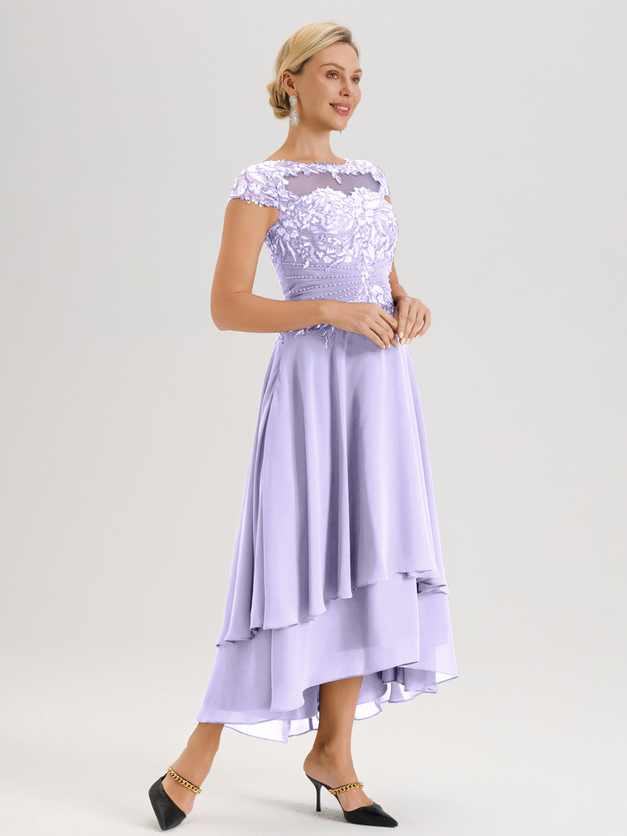 Cicinia Mère De La Mariée Lilas Col Ras Du Cou Avec Jupe À Ourlet Asymétrique En Chiffon Et Dentelle Longueur Cheville