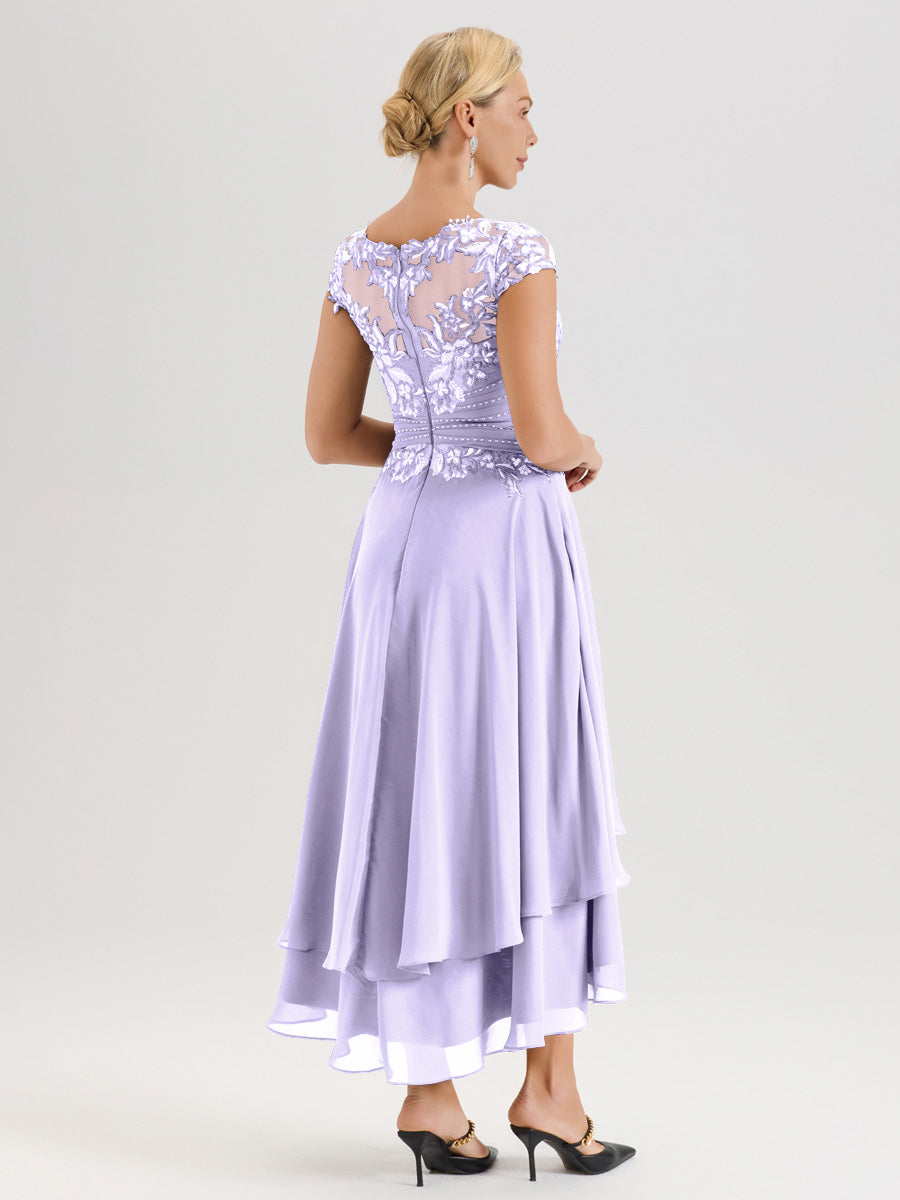 Cicinia Mère De La Mariée Lilas Col Ras Du Cou Avec Jupe À Ourlet Asymétrique En Chiffon Et Dentelle Longueur Cheville