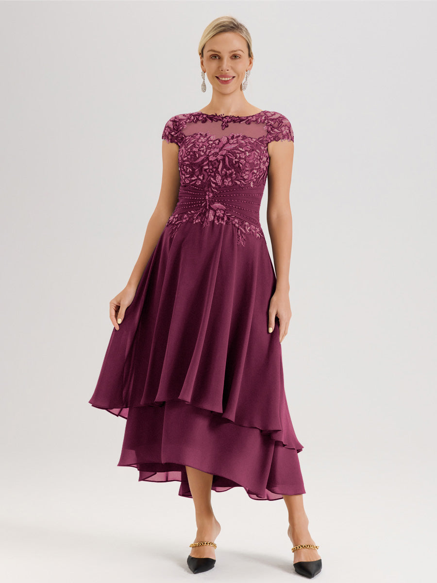 Cicinia Mère De La Mariée Mûre Col Ras Du Cou Avec Jupe À Ourlet Asymétrique En Chiffon Et Dentelle Longueur Cheville