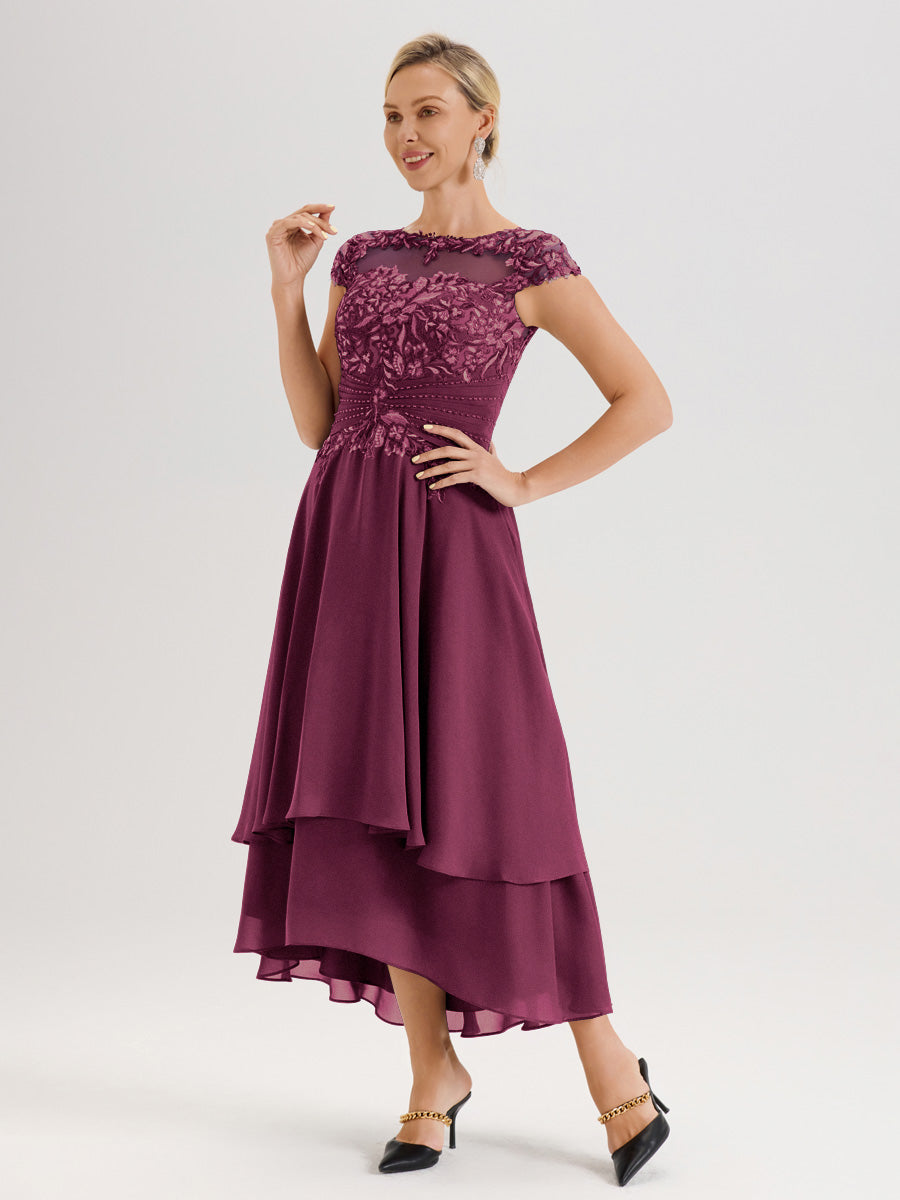 Cicinia Mère De La Mariée Mûre Col Ras Du Cou Avec Jupe À Ourlet Asymétrique En Chiffon Et Dentelle Longueur Cheville