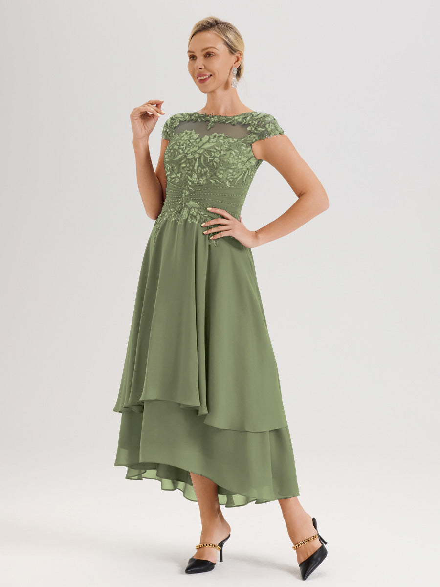 Cicinia Mère De La Mariée Vert Olive Col Ras Du Cou Avec Jupe À Ourlet Asymétrique En Chiffon Et Dentelle Longueur Cheville