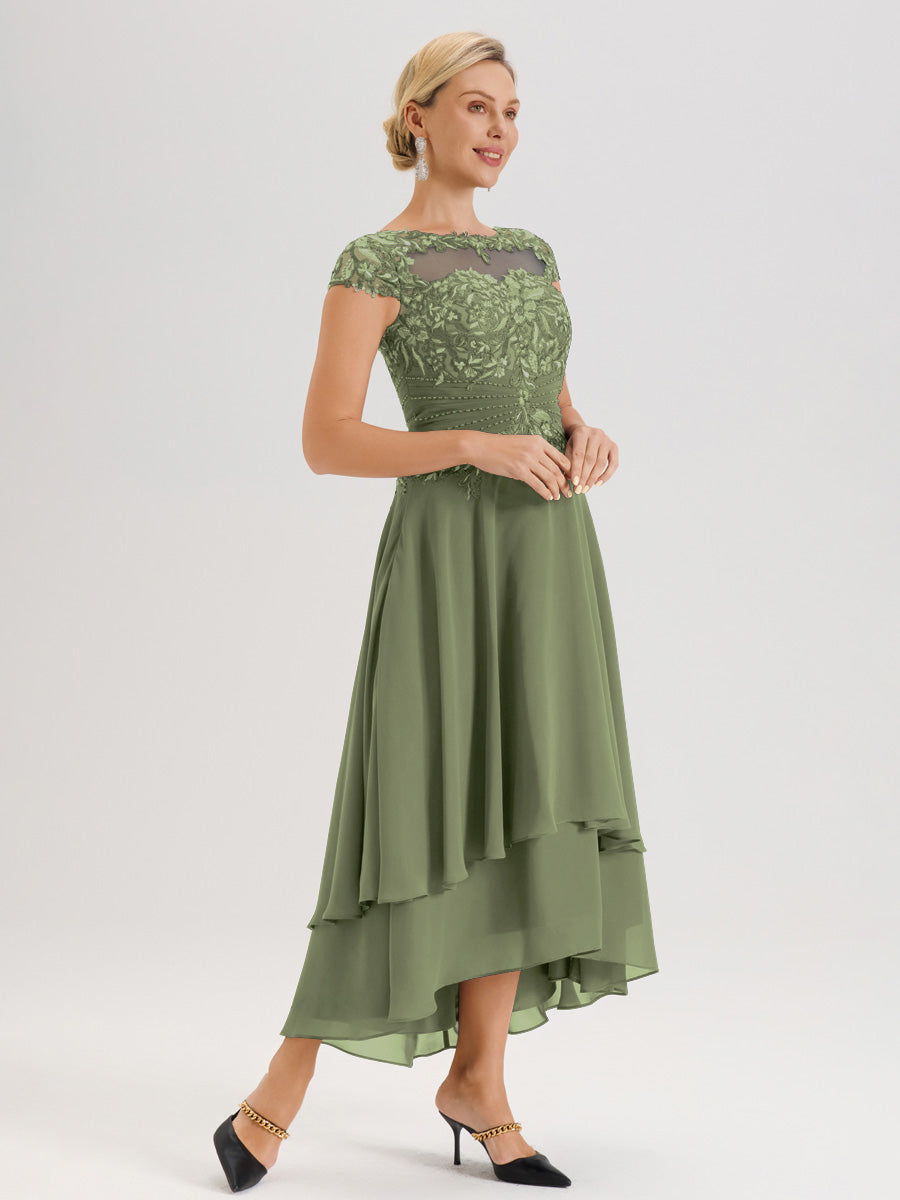 Cicinia Mère De La Mariée Vert Olive Col Ras Du Cou Avec Jupe À Ourlet Asymétrique En Chiffon Et Dentelle Longueur Cheville