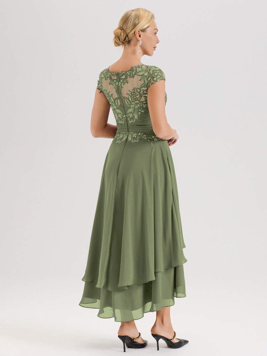 Cicinia Mère De La Mariée Vert Olive Col Ras Du Cou Avec Jupe À Ourlet Asymétrique En Chiffon Et Dentelle Longueur Cheville