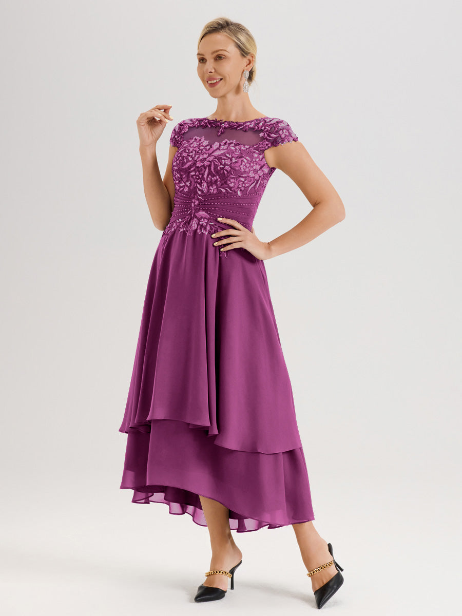 Cicinia Mère De La Mariée Orchidée Col Ras Du Cou Avec Jupe À Ourlet Asymétrique En Chiffon Et Dentelle Longueur Cheville