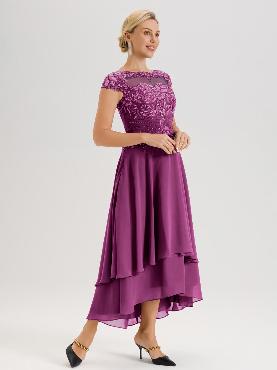 Cicinia Mère De La Mariée Orchidée Col Ras Du Cou Avec Jupe À Ourlet Asymétrique En Chiffon Et Dentelle Longueur Cheville