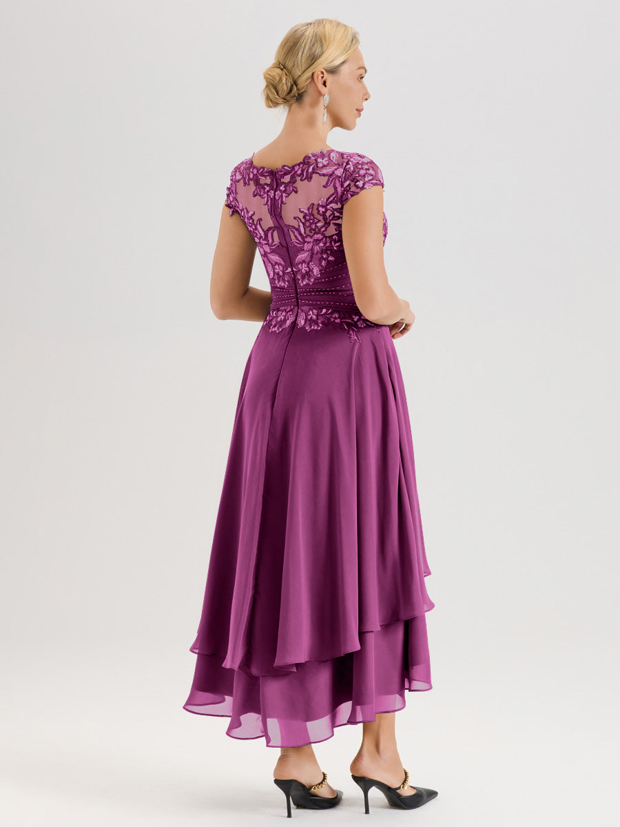 Cicinia Mère De La Mariée Orchidée Col Ras Du Cou Avec Jupe À Ourlet Asymétrique En Chiffon Et Dentelle Longueur Cheville