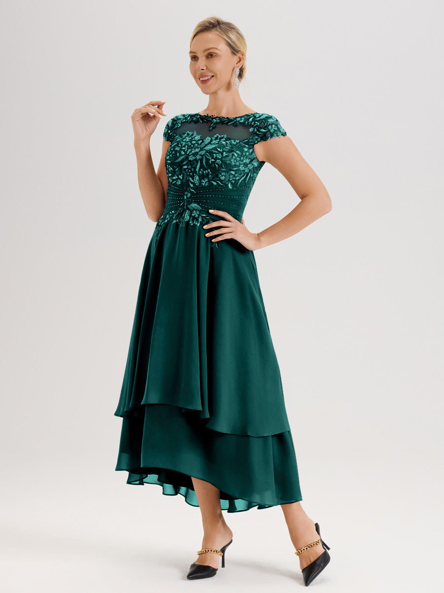 Cicinia Mère De La Mariée Couleur Paon Col Ras Du Cou Avec Jupe À Ourlet Asymétrique En Chiffon Et Dentelle Longueur Cheville