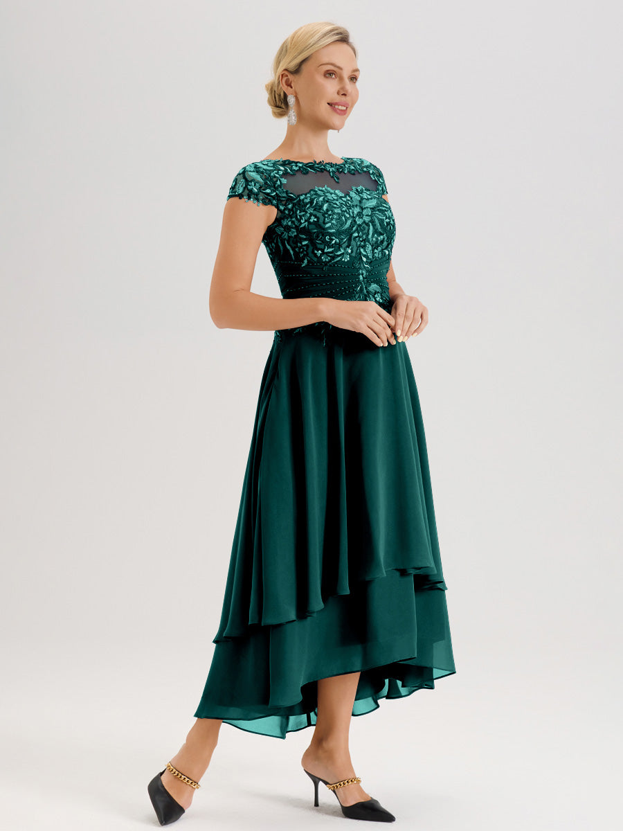 Cicinia Mère De La Mariée Couleur Paon Col Ras Du Cou Avec Jupe À Ourlet Asymétrique En Chiffon Et Dentelle Longueur Cheville
