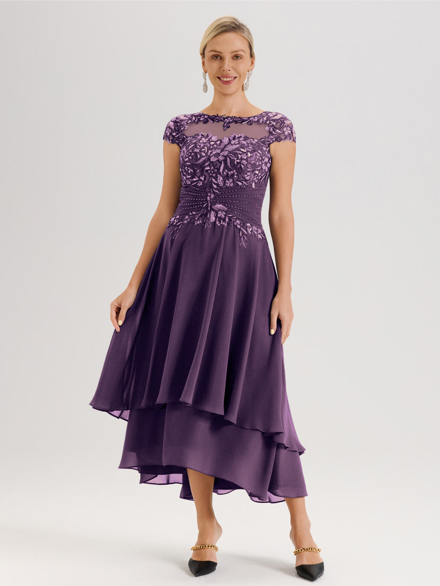 Cicinia Mère De La Mariée Plum Col Ras Du Cou Avec Jupe À Ourlet Asymétrique En Chiffon Et Dentelle Longueur Cheville
