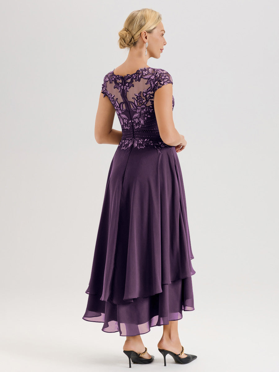 Cicinia Mère De La Mariée Plum Col Ras Du Cou Avec Jupe À Ourlet Asymétrique En Chiffon Et Dentelle Longueur Cheville