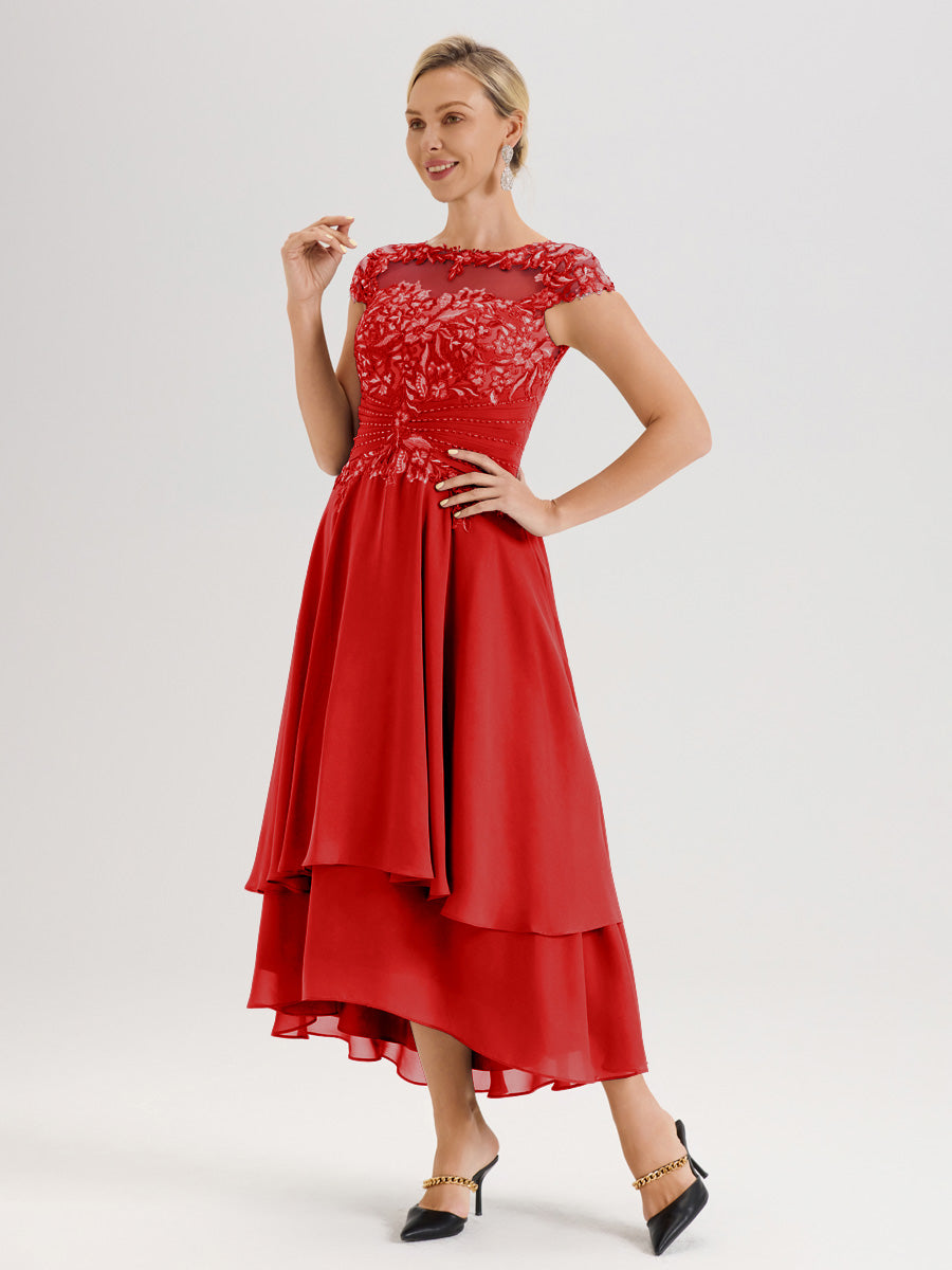 Cicinia Mère De La Mariée Rouge Col Ras Du Cou Avec Jupe À Ourlet Asymétrique En Chiffon Et Dentelle Longueur Cheville