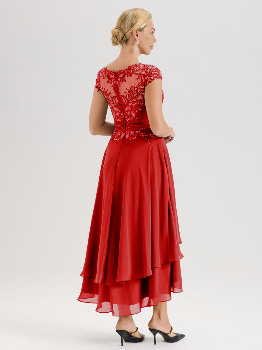 Cicinia Mère De La Mariée Rouge Col Ras Du Cou Avec Jupe À Ourlet Asymétrique En Chiffon Et Dentelle Longueur Cheville