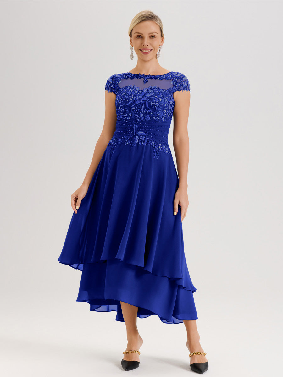 Cicinia Mère De La Mariée Bleu Royal Col Ras Du Cou Avec Jupe À Ourlet Asymétrique En Chiffon Et Dentelle Longueur Cheville