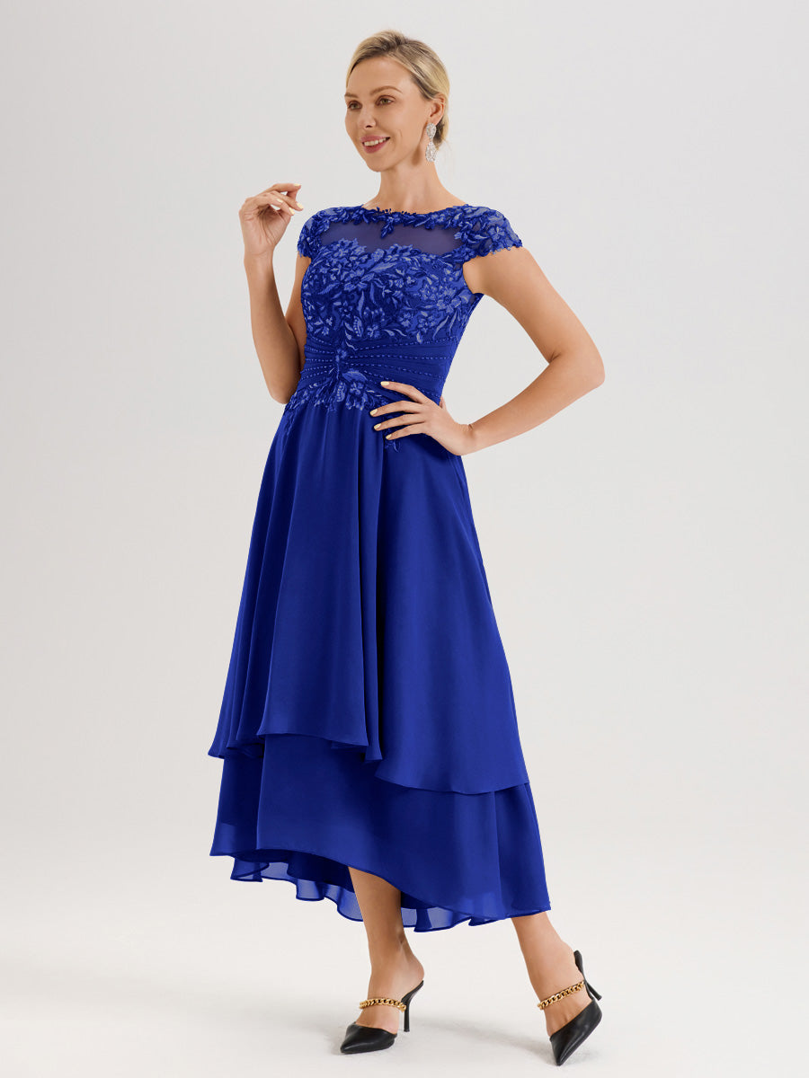 Cicinia Mère De La Mariée Bleu Royal Col Ras Du Cou Avec Jupe À Ourlet Asymétrique En Chiffon Et Dentelle Longueur Cheville