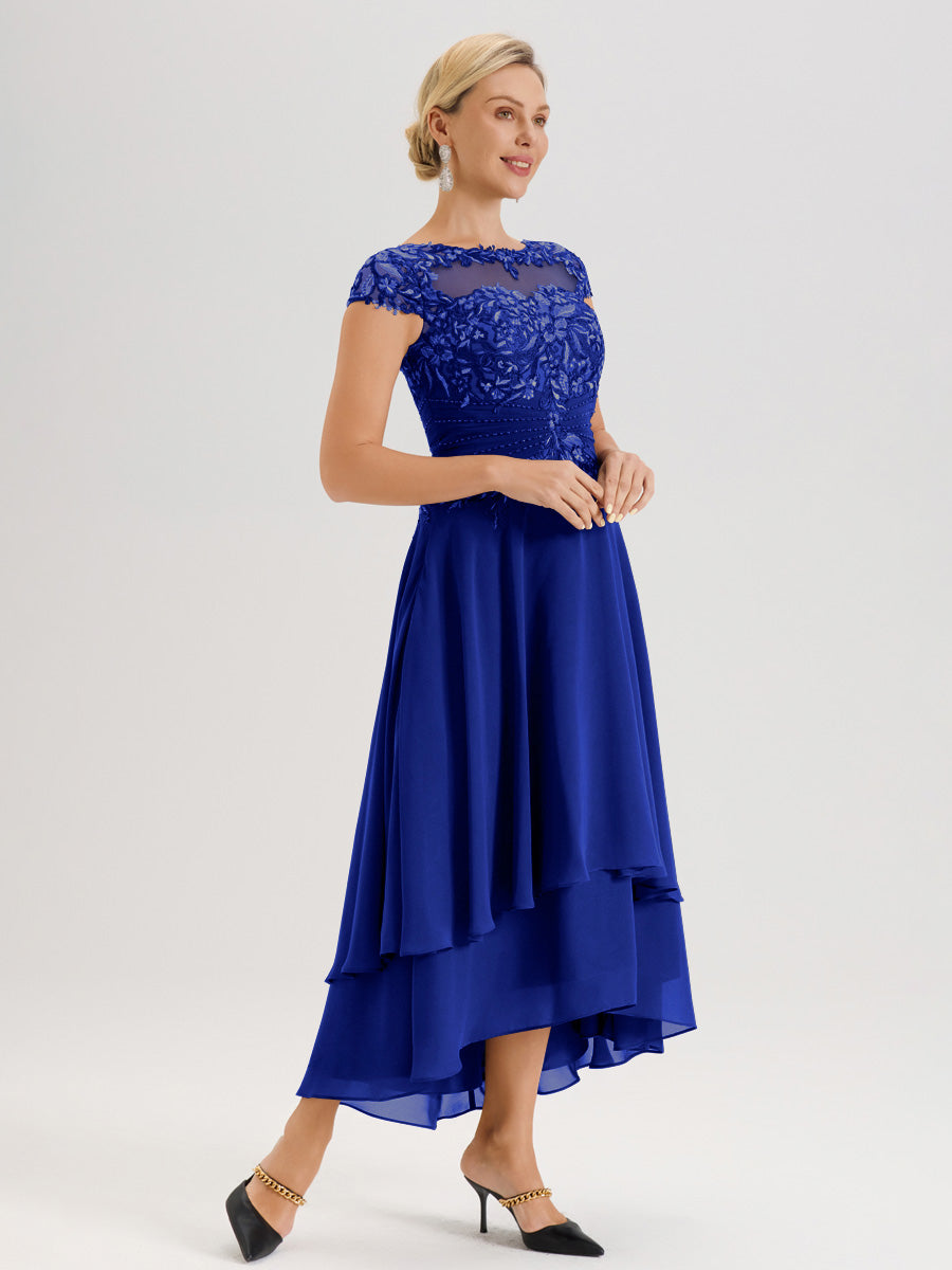 Cicinia Mère De La Mariée Bleu Royal Col Ras Du Cou Avec Jupe À Ourlet Asymétrique En Chiffon Et Dentelle Longueur Cheville
