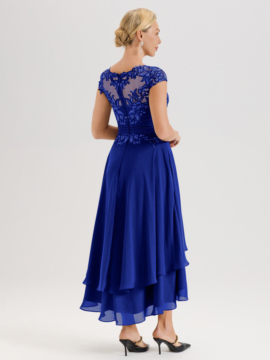 Cicinia Mère De La Mariée Bleu Royal Col Ras Du Cou Avec Jupe À Ourlet Asymétrique En Chiffon Et Dentelle Longueur Cheville